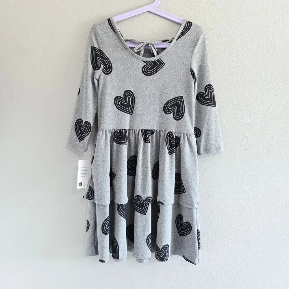 Epic Threads Gray Long Sleeve Heart Print Tiered Dress Kids Size 6